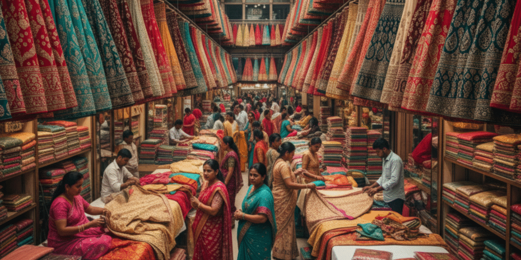Wholesale lehenga market in Surat with colorful lehengas and busy textile buyers