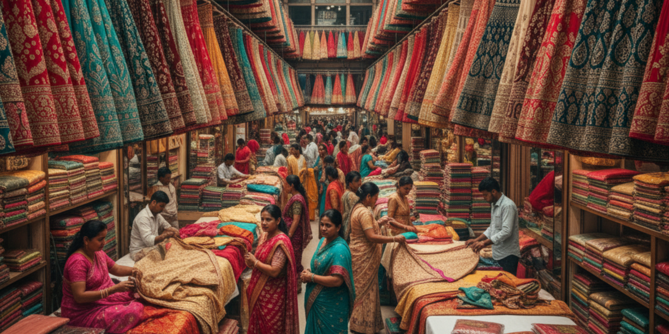 Wholesale lehenga market in Surat with colorful lehengas and busy textile buyers