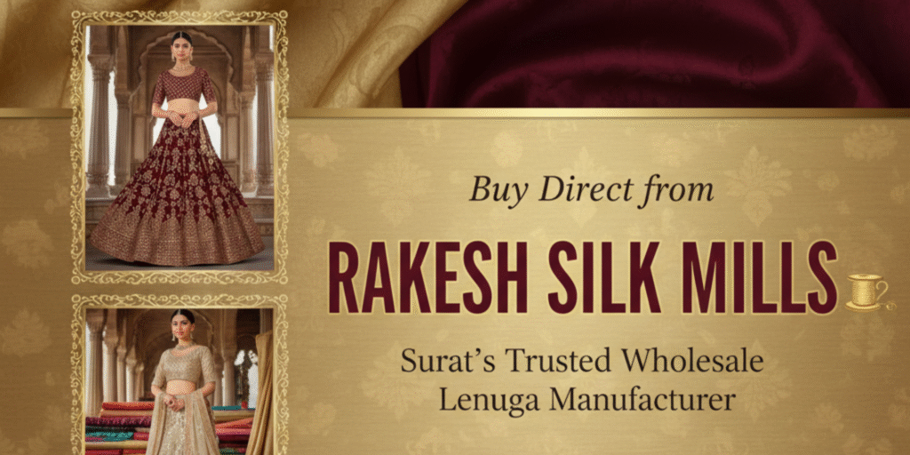 Rakesh Silk Mills wholesale lehenga banner promoting factory-direct lehengas