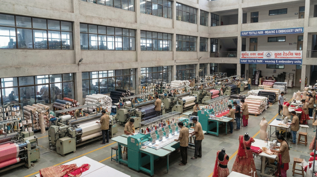 Designer bridal lehenga display inside Surat wholesale shops