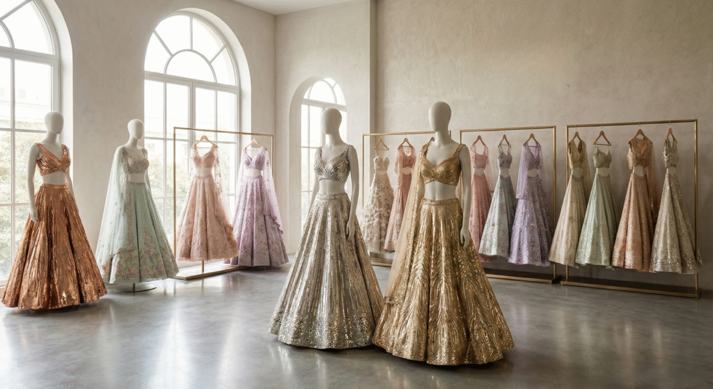 Textile factory workers stitching premium bridal lehengas in Surat