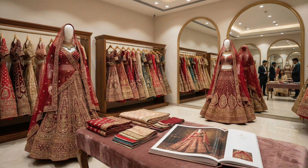 Surat Wholesale Bridal Lehenga Market – showroom view