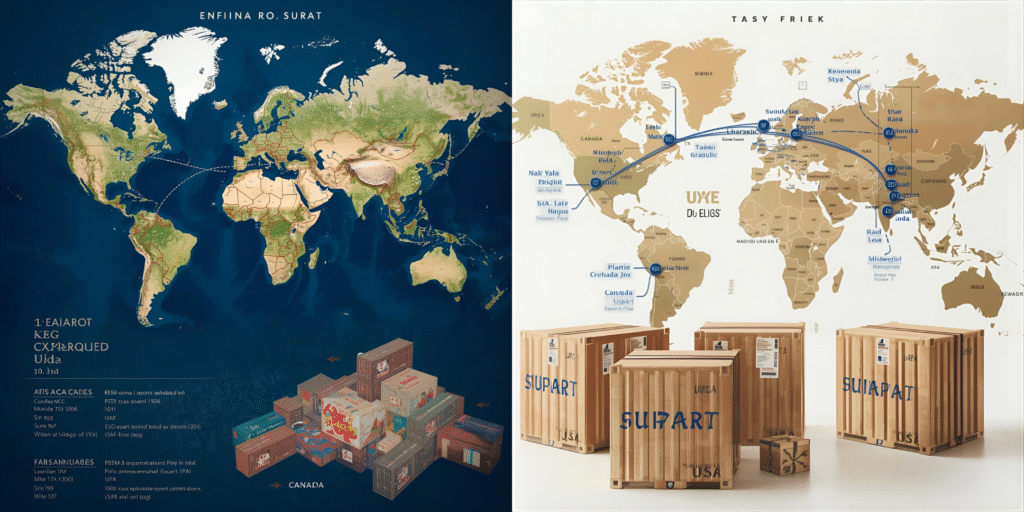 Export routes from Surat to international markets with Made in India shipments