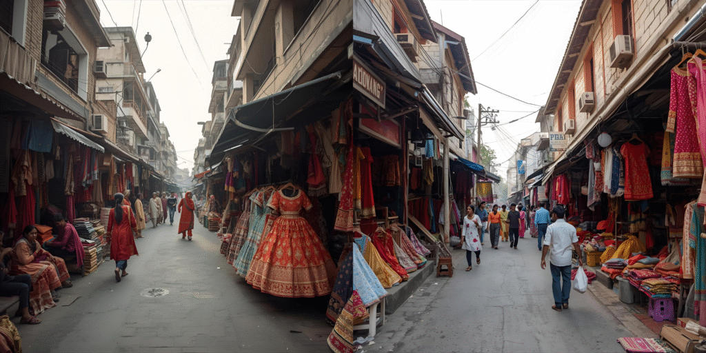 Surat Ring Road textile market with lehenga shops and wholesale buyers
