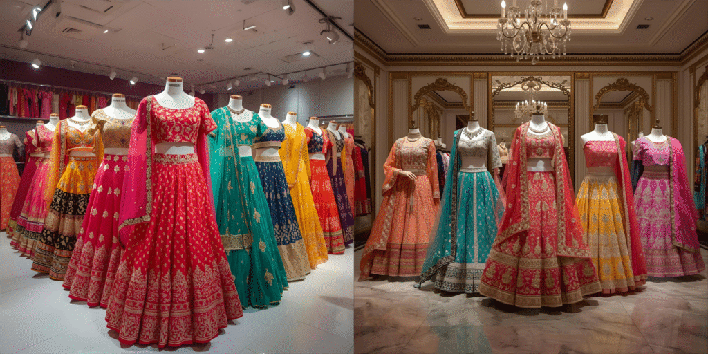 Bridal, designer, partywear and kids lehengas displayed in a Surat showroom