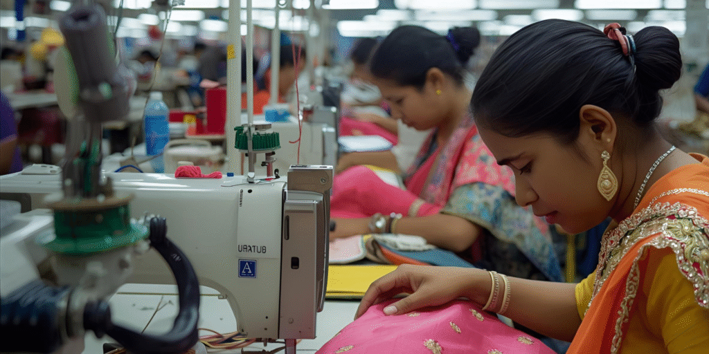 Surat lehenga manufacturing unit showing stitching and embroidery work
