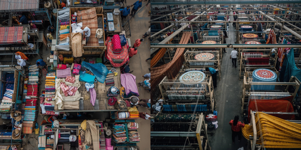 Aerial view of Surat textile industry with weaving and embroidery factories
