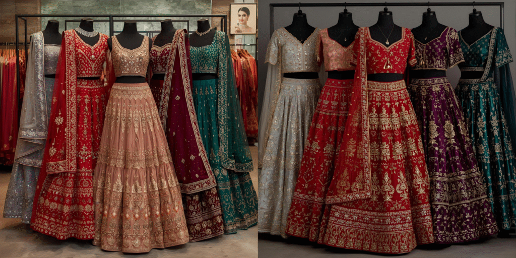 Different lehenga shades including ruby red, cosmic silver, and pastel tones