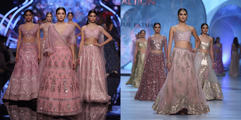 Lehenga Fashion Trends 2026 runway-style models in metallic and pastel outfits