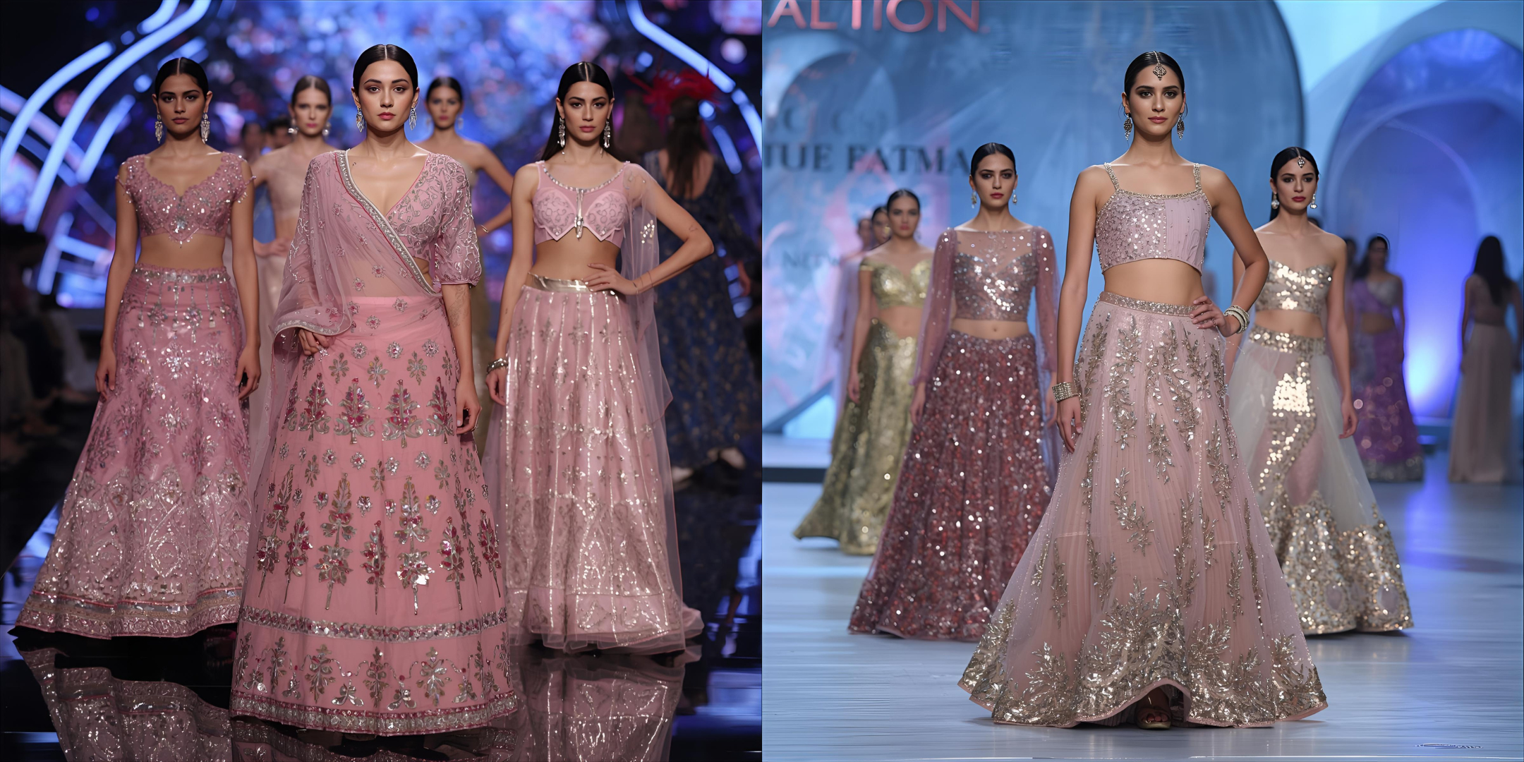 Lehenga Fashion Trends 2026 runway-style models in metallic and pastel outfits