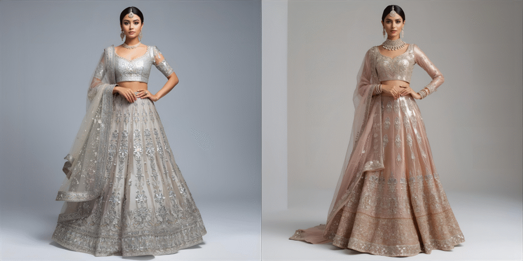 Shiny metallic lehenga with chrome embroidery and mirror detailing