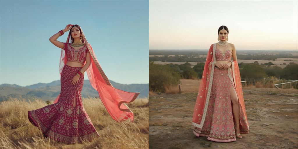A modern fusion-style lehenga featuring slit cuts and a cape dupatta